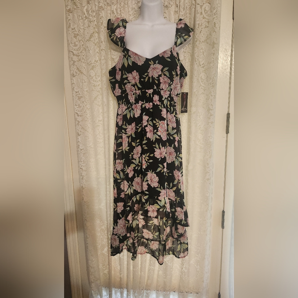 No Boundaries Asymmetrical Floral Dress - Black and Pink